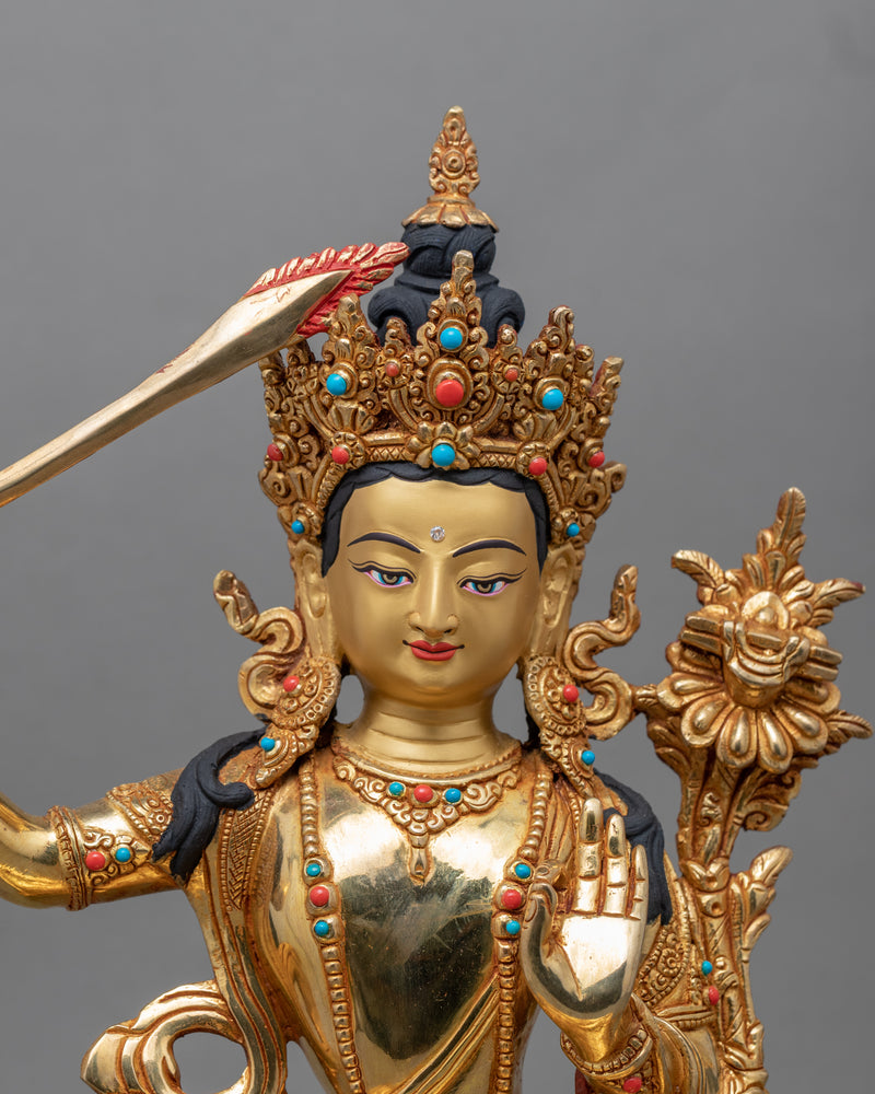 Manjushri Nama Samgiti Practice Statue | Buddhist Bodhisattva Of Compassion Gold Figurine