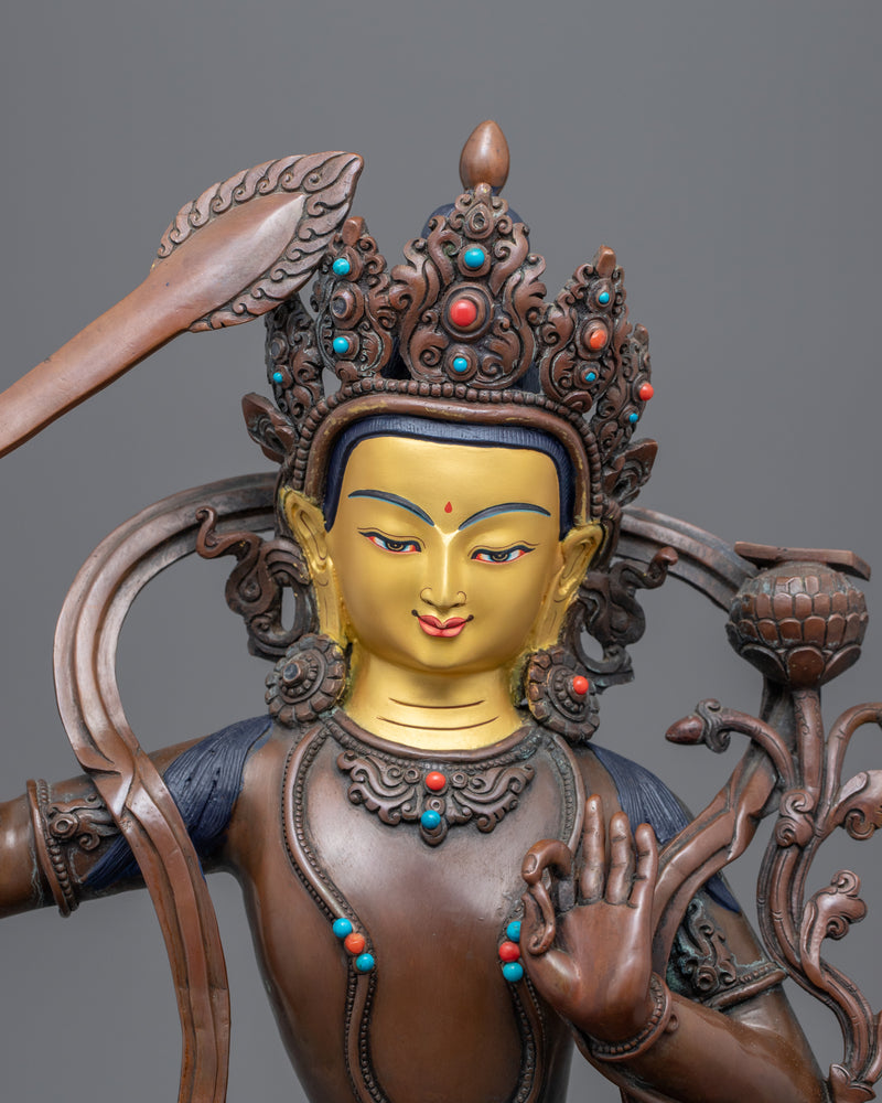 Gold-Gilded Statue For Manjushri Mantra Benefits | Buddhist Deity Figurine For Ritual