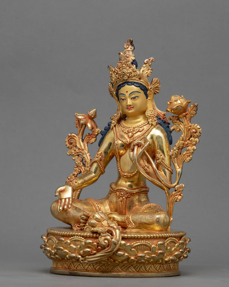 Green Tara Maa Gold Statue | Mother Of All Buddhas Traditionally Carved Figurine