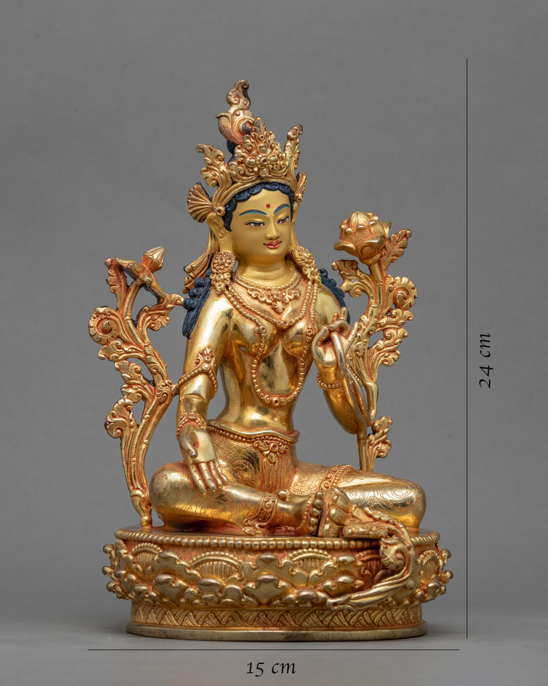 Green Tara Maa Gold Statue | Mother Of All Buddhas Traditionally Carved Figurine