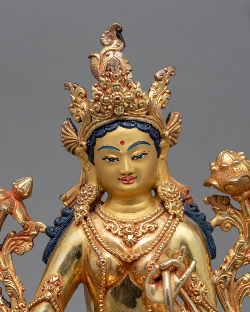 Green Tara Maa Gold Statue | Mother Of All Buddhas Traditionally Carved Figurine