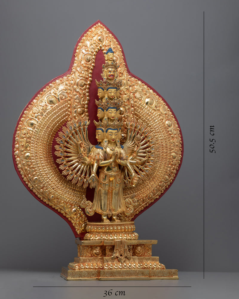 Bodhisattva Avalokiteshvara 1000 Arms Statue | Traditionally Gold-Gilded Chenrezig Figurine