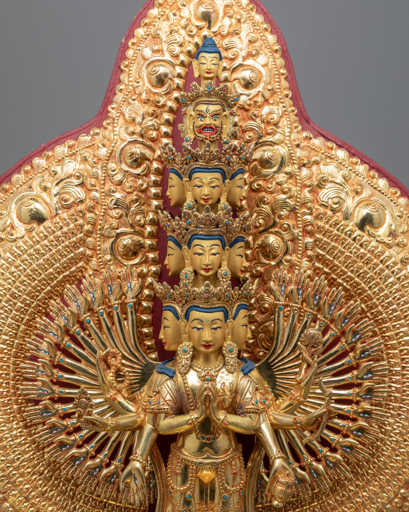 Bodhisattva Avalokiteshvara 1000 Arms Statue | Traditionally Gold-Gilded Chenrezig Figurine