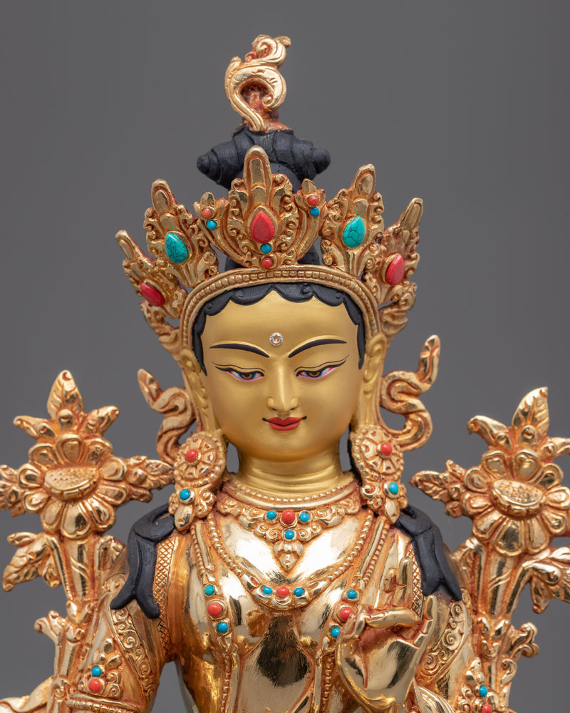 Green Tara Symbol Statuette | Himalayan-Made Religious Golden Statues