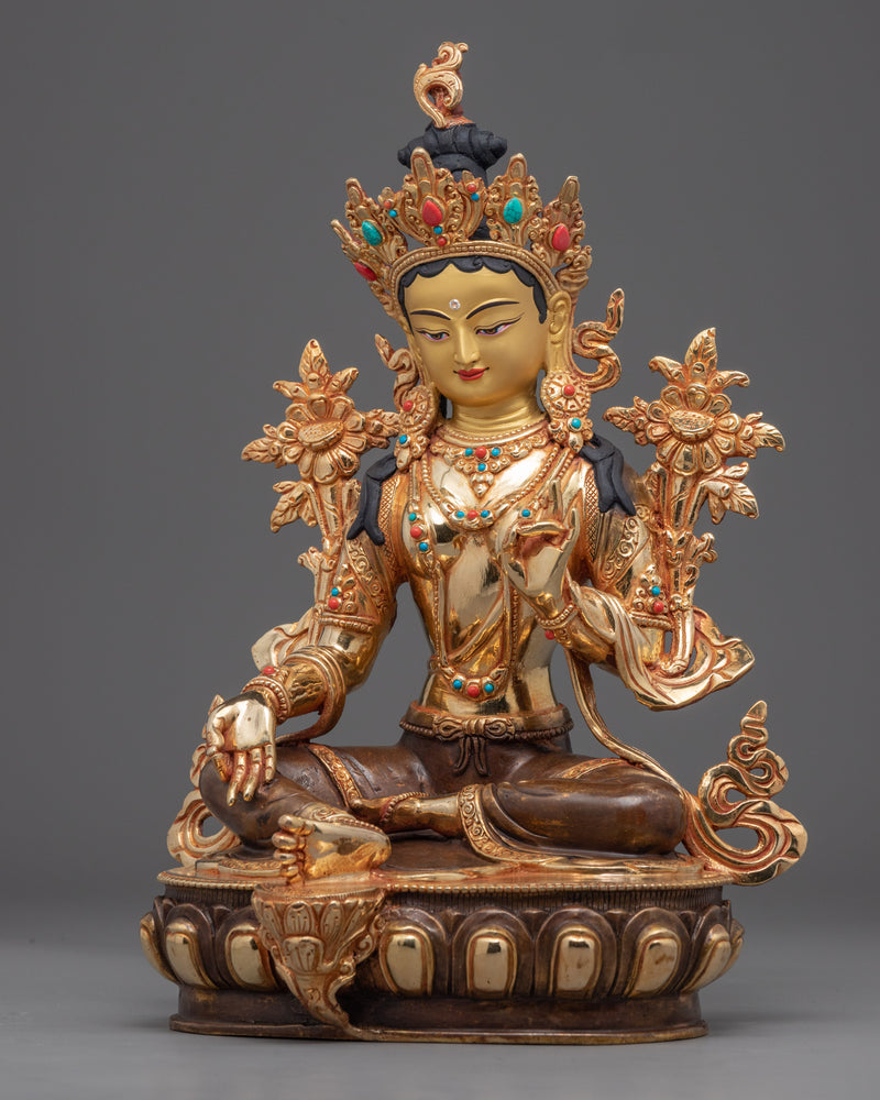 Green Tara Symbol Statuette | Himalayan-Made Religious Golden Statues