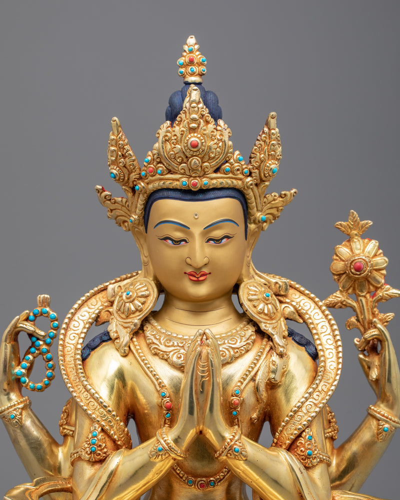 Religious Statue For Mantra Avalokitesvara | Gold Gilded Statue For Meditation