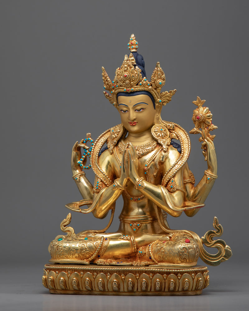 Religious Statue For Mantra Avalokitesvara | Gold Gilded Statue For Meditation