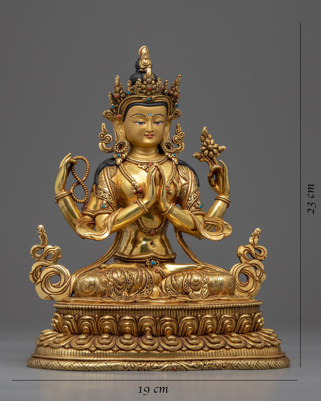 Buddhist Four-Arm Hand-Carved Gold | Sculpture Chenresig 24K Statue