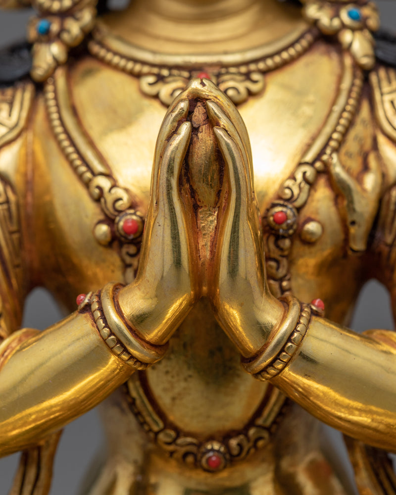 Buddhist Four-Arm Chenresig Statue | 24K Gold Hand-Carved Sculpture