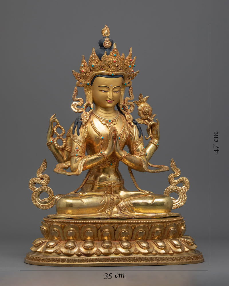 Deity of Compassion | 24K Golden Statue of Chenrezig