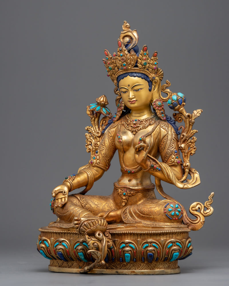 Gold Gilded High quality Green Tara Altar Statue | Female Bodhisattva of Wisdom Statue