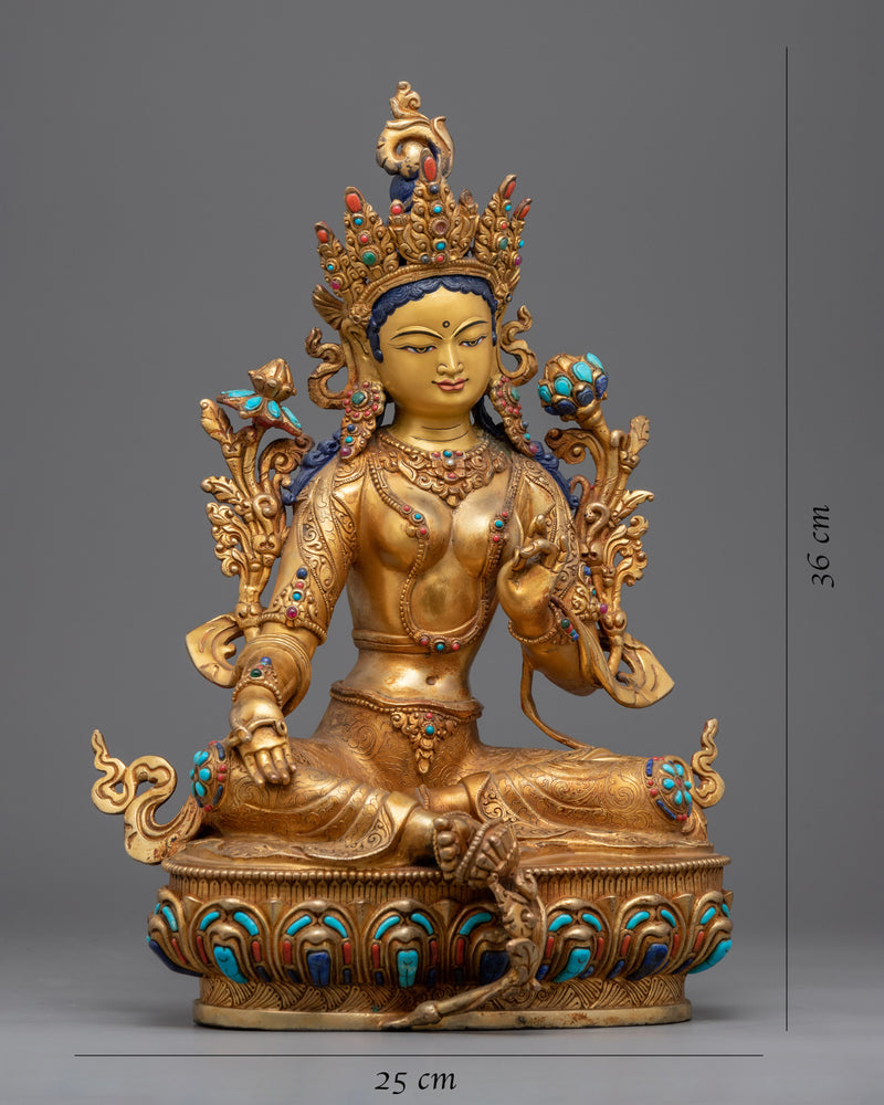 Gold Gilded High quality Green Tara Altar Statue | Female Bodhisattva of Wisdom Statue