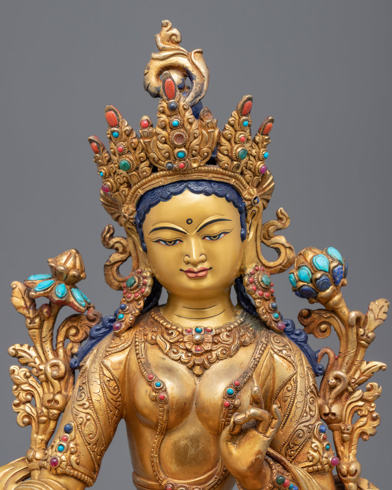 Gold Gilded High quality Green Tara Altar Statue | Female Bodhisattva of Wisdom Statue