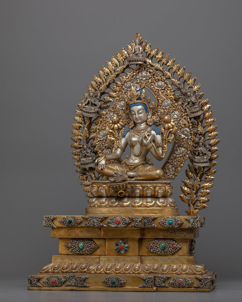 Green Tara Buddhist Deity Sculpture for Meditation | Gold-Plated Tibetan Art