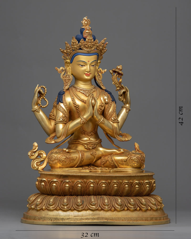 Chenrezig Buddha Gold Statue | Handmade Figurine of Nepal