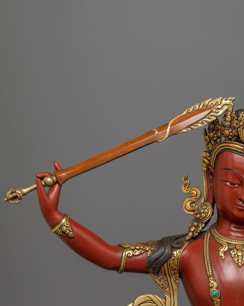 Gold Gilded Manjushri Bodhisattva Mantra Practice Statue | Bodhisattva Statue for Rituals and Meditation