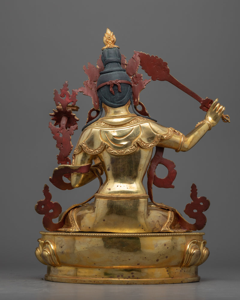 Gold Gilded Manjushri Symbolism Statue | Traditionally Hand-Carved Buddhist Art