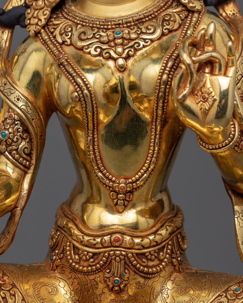 Gold Gilded Statue of Green Tara Bodhisattva | Traditional Female Bodhisattva Statuette