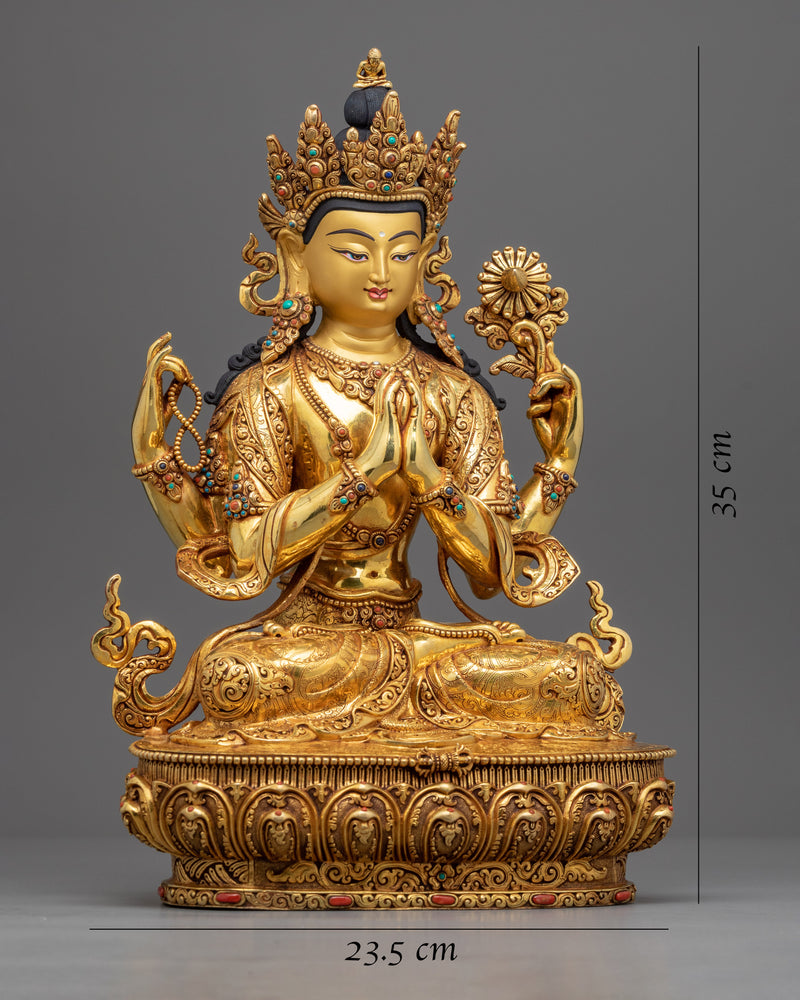 Chenrezig: Buddhism Many Arms Deity of Boundless Compassion | Gold Gilded Statuette