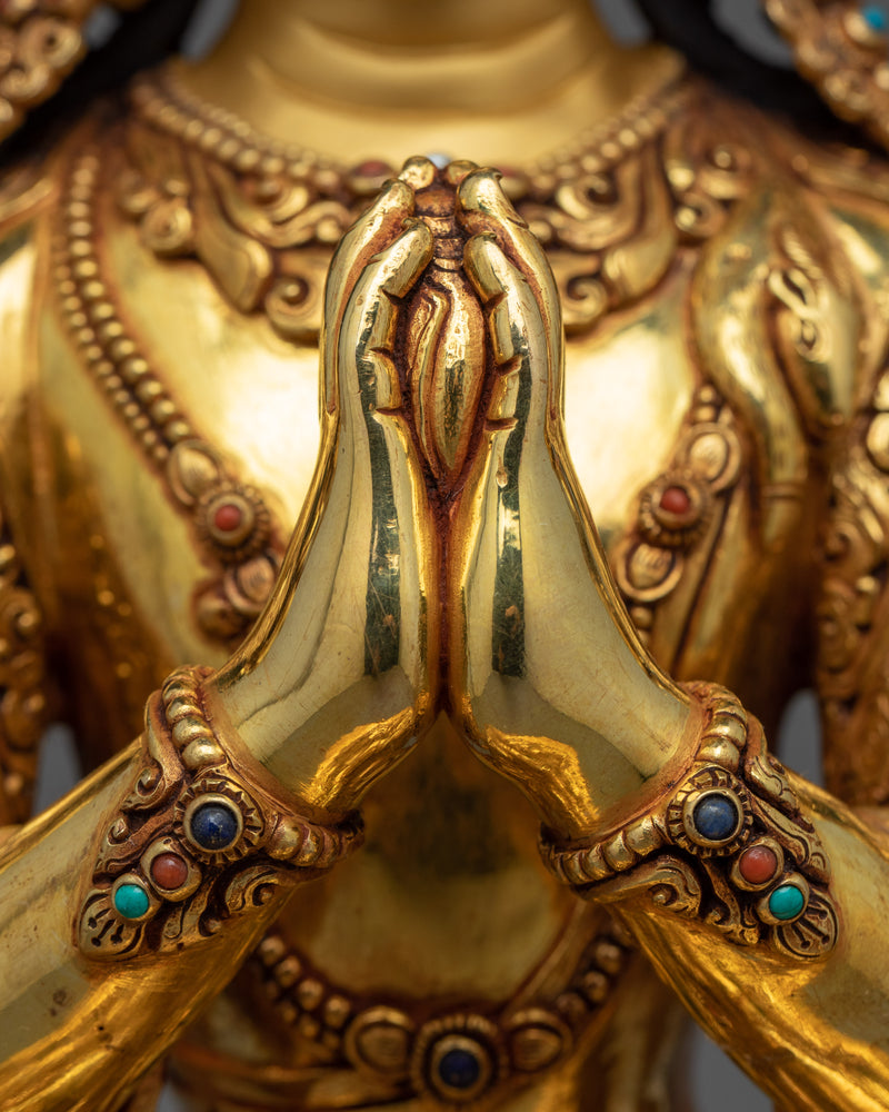 Chenrezig: Buddhism Many Arms Deity of Boundless Compassion | Gold Gilded Statuette