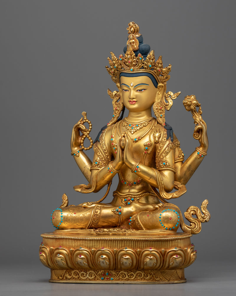 Traditionally Hand-Crafted Statue For Chenrezig Puja | Hand-Carved Buddhist Deity Sculpture