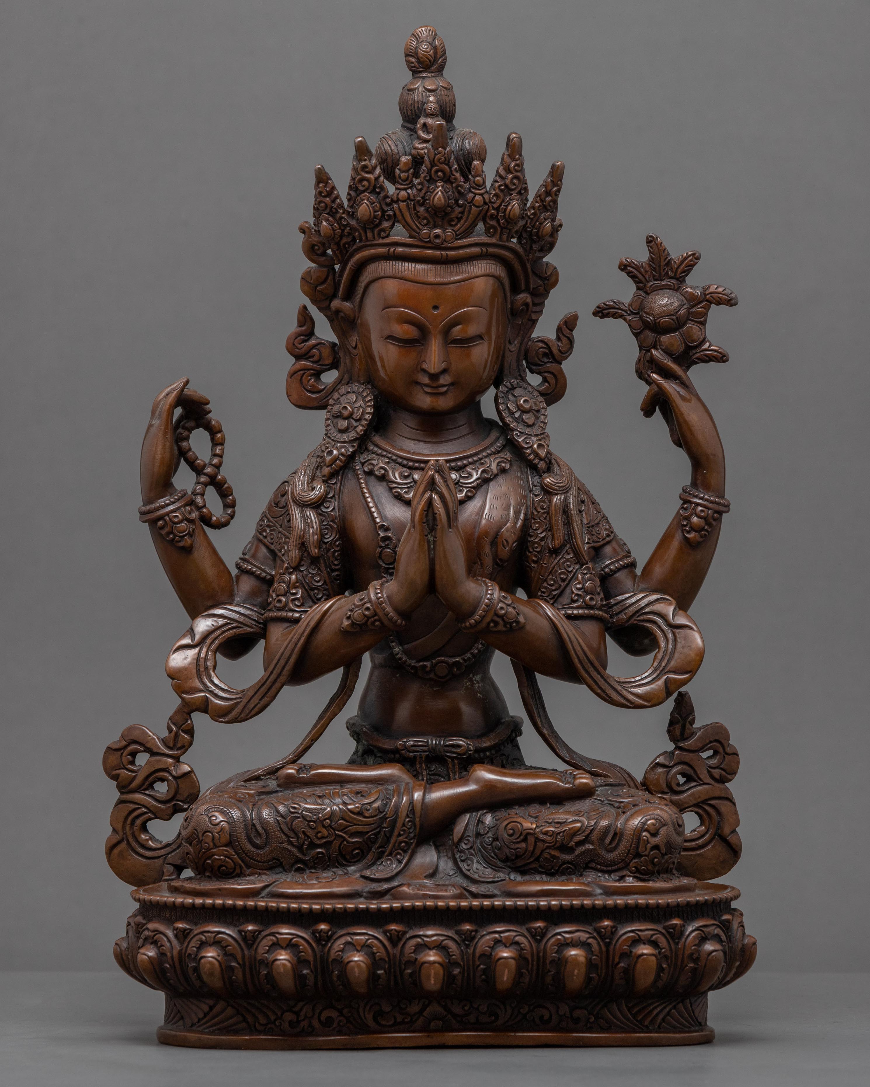 Red Chenrezig Copper Body Statue | Tibetan Bodhisattva Scultpure