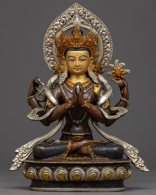 Four Armed Chenrezig Gold Sculpture