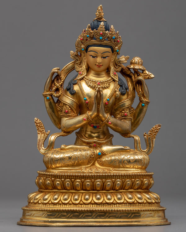 Four Armed Chenrezig Gold Sculpture