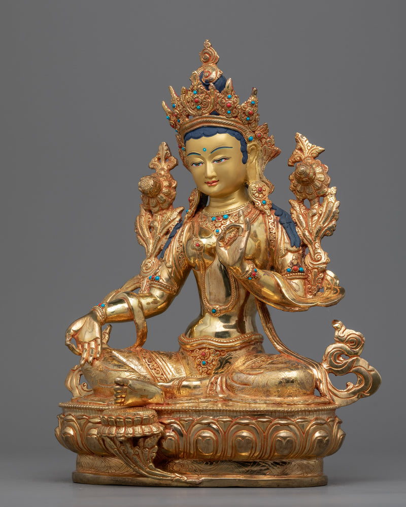 Statue For Green Tara Maa Mantra Benefits | Traditionally 24k Gold Gilded