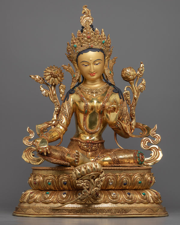 Large Green Tara Gold Statue