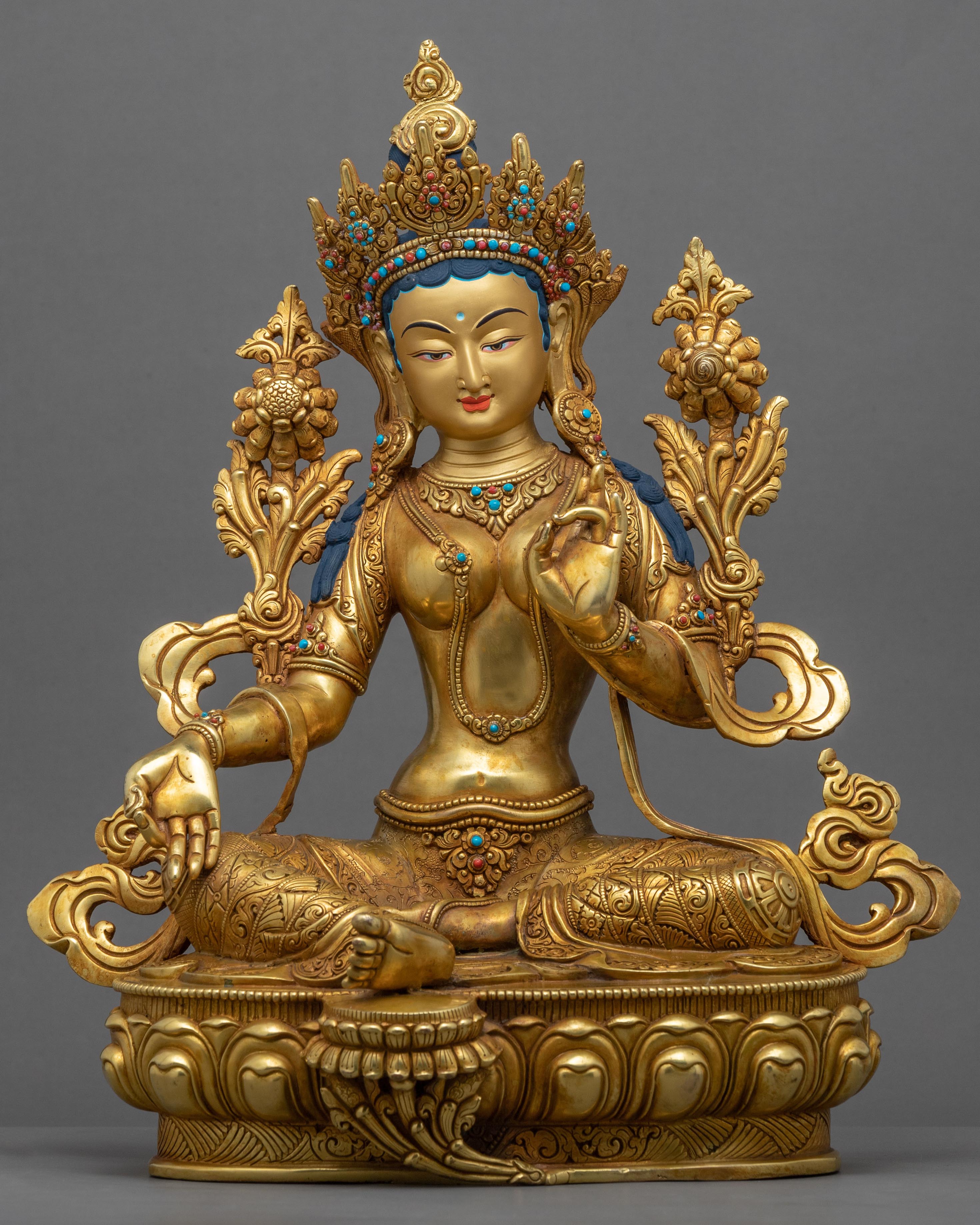 Traditionally Gold-Gilded Green Tara Mudra Practice Statue | Tibetan A