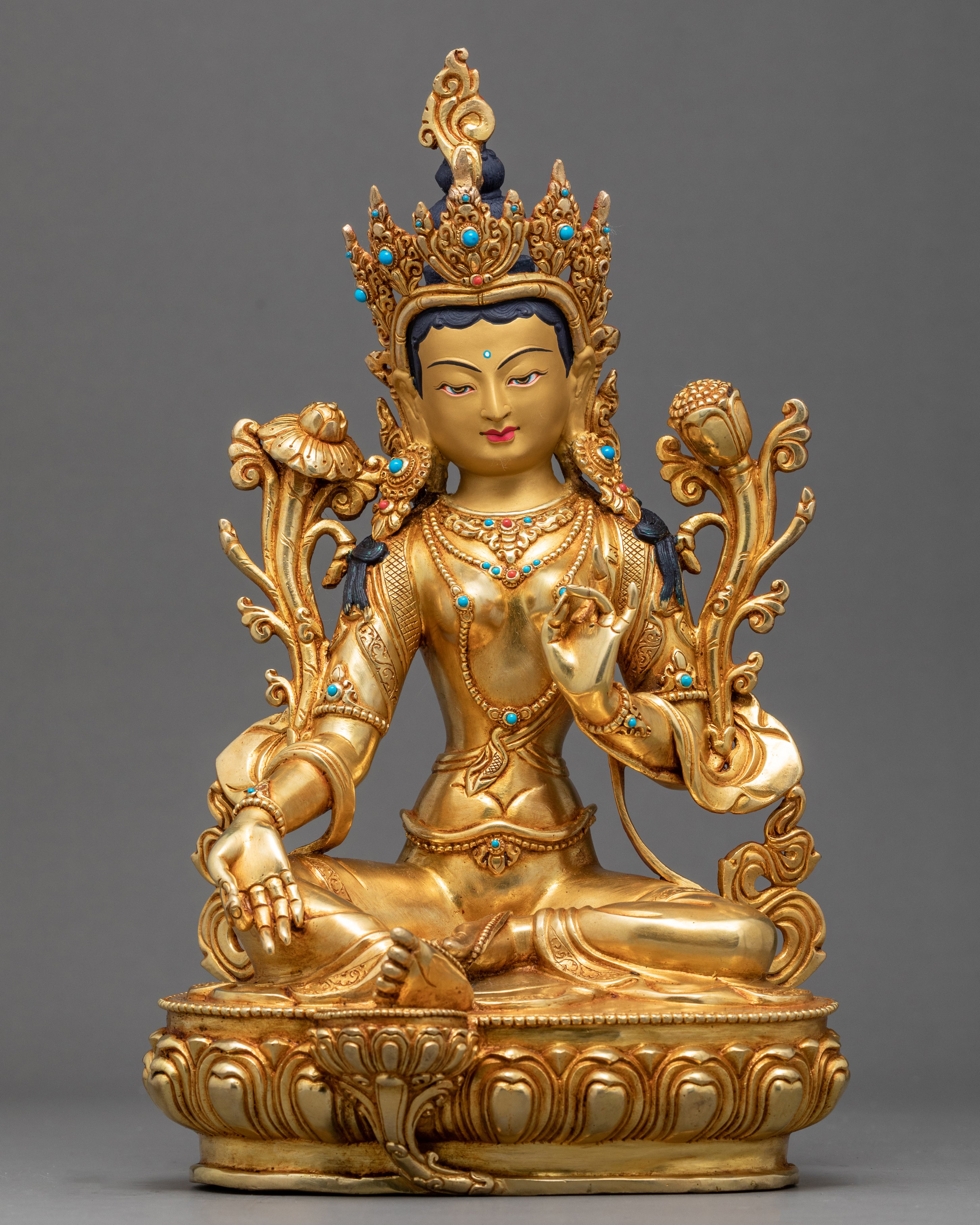 Green Tara Goddess Sculpture | Gold Gilded Female Buddha Art