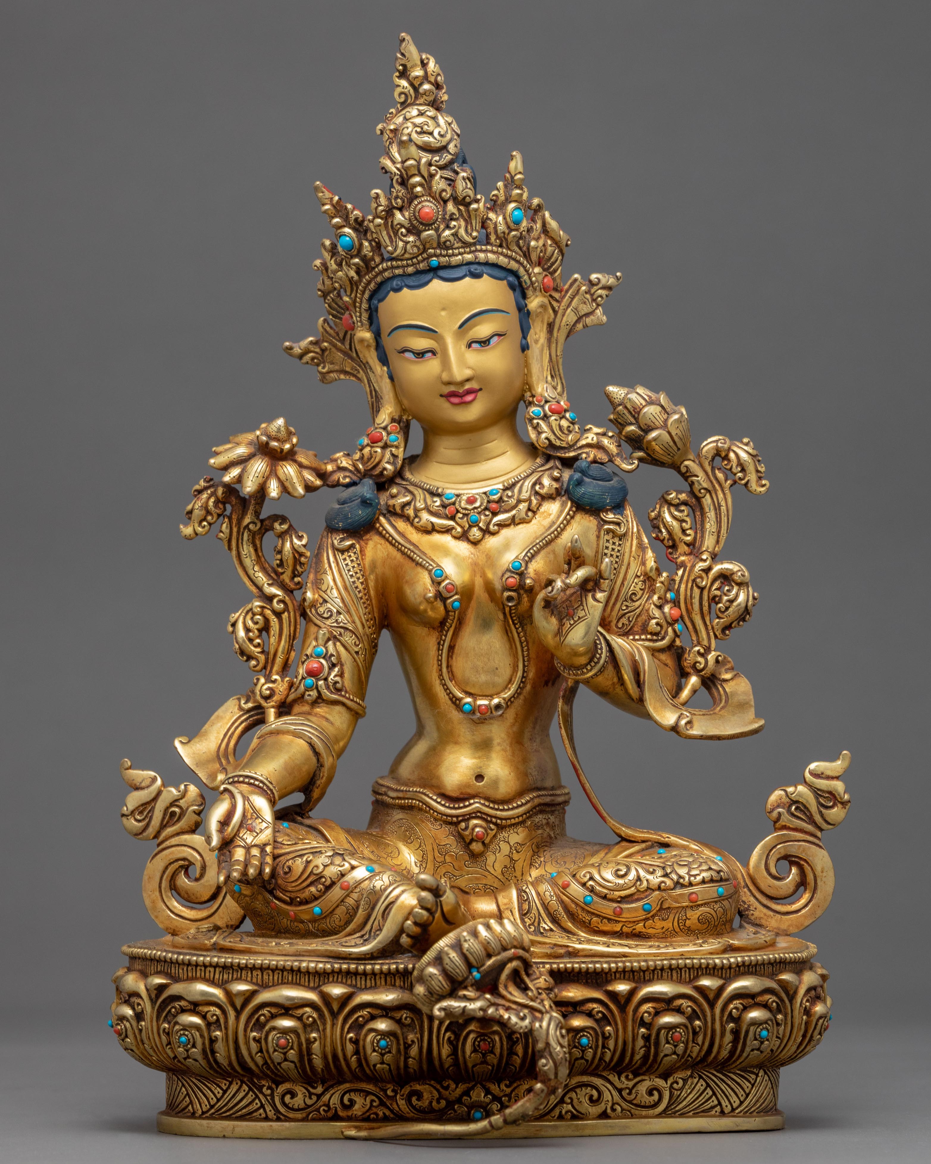 Green Tara Gold Statue | Traditional Himalayan art of Nepal