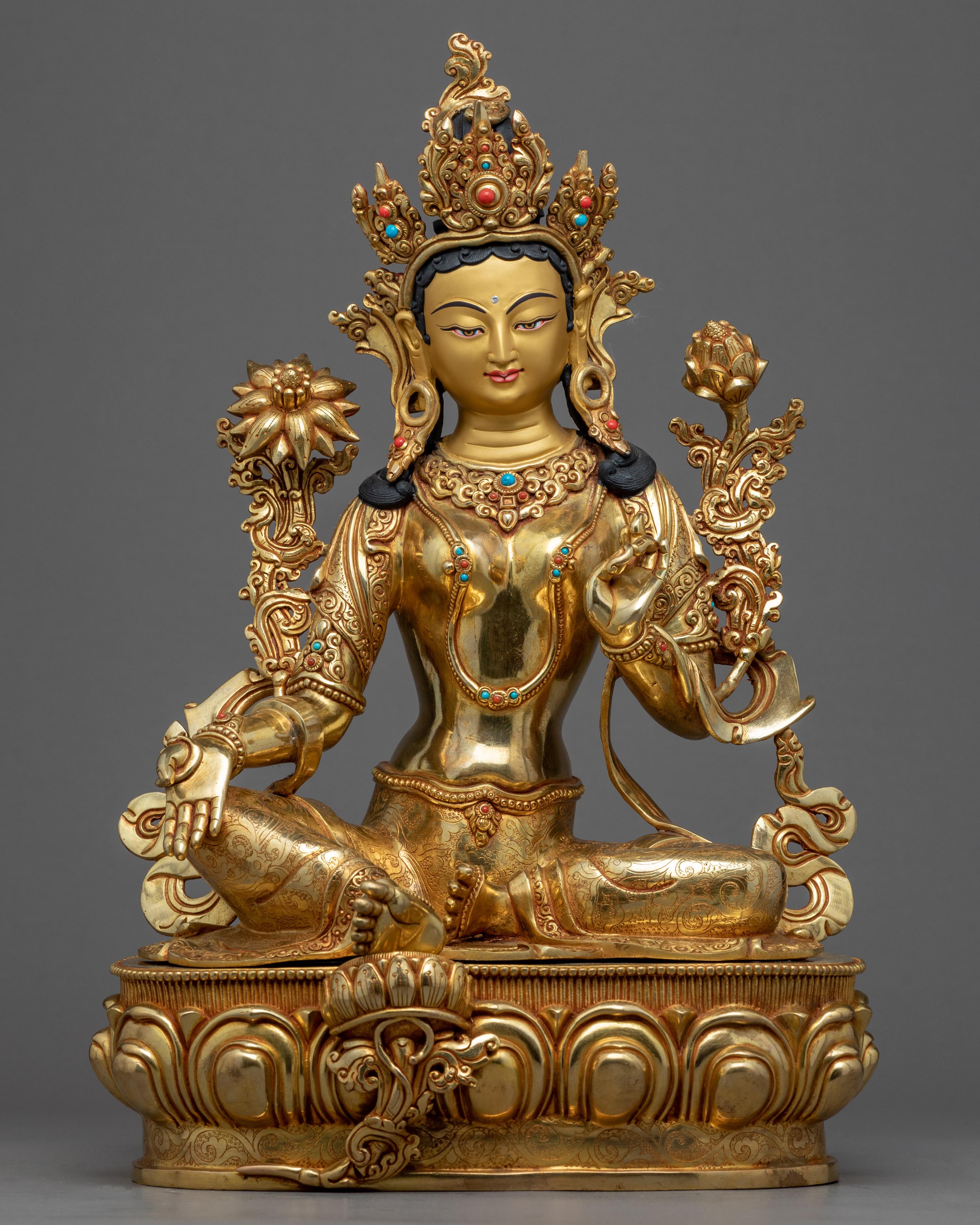 Tibetan Statue Green Tara | Gold Plated Himalayan Art