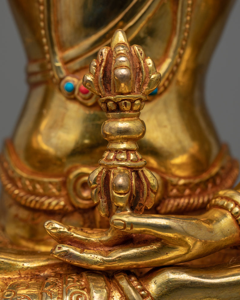 Statue of Seated Buddha Akshobhya | Himalayan Gold Gilded Statuette