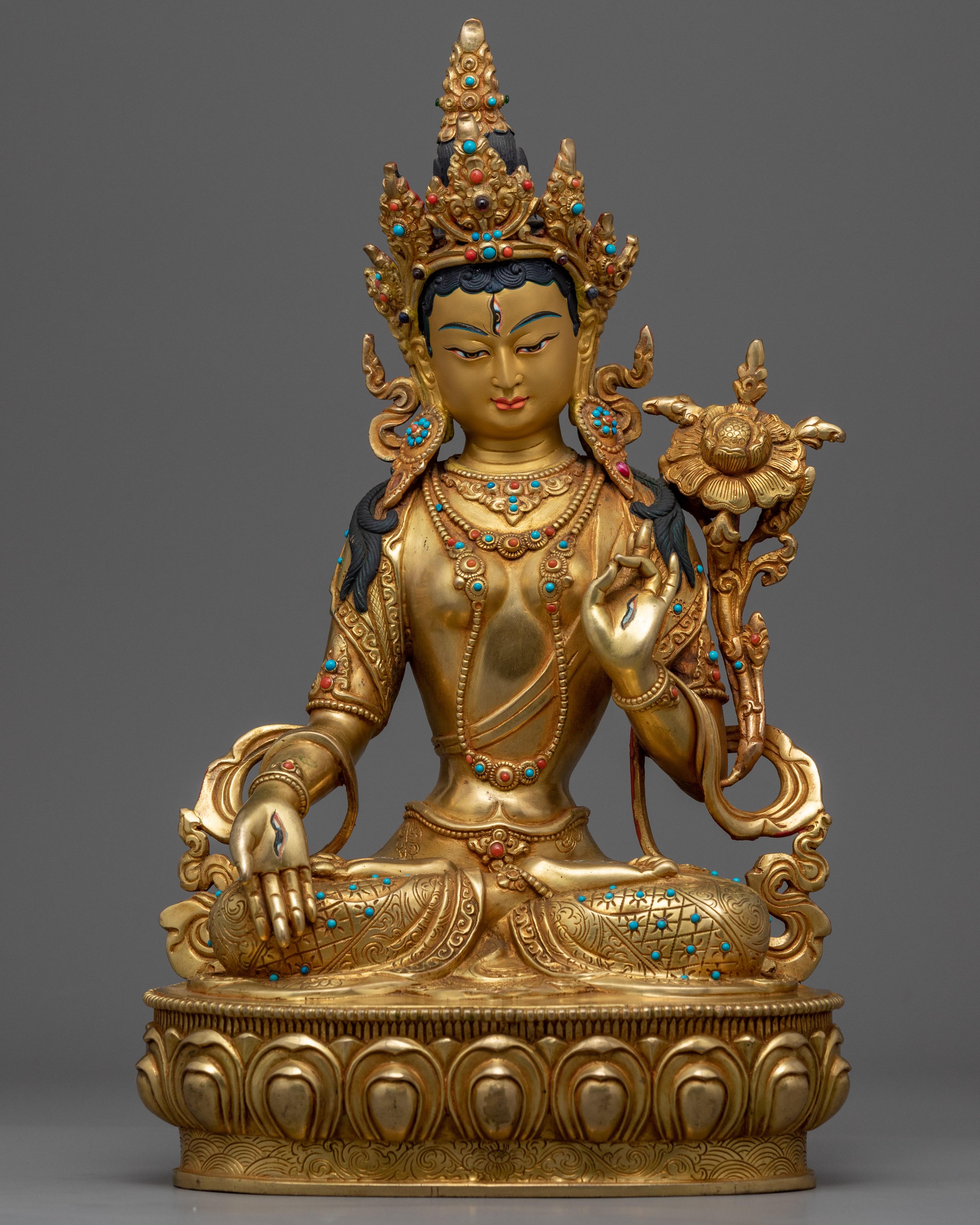 24K Gold Plated White Tara Sculpture | Female Buddhist Deity Sculpture