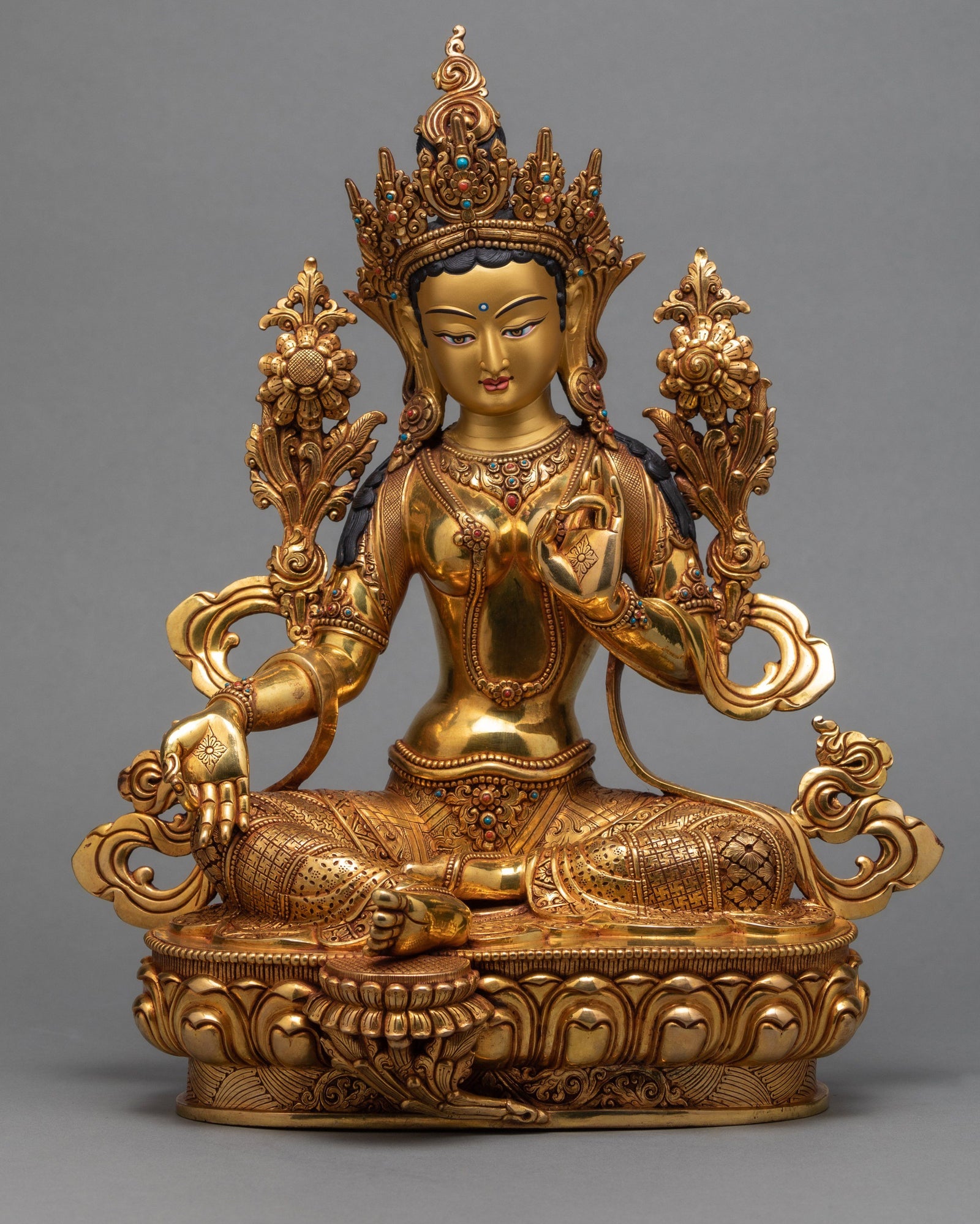 Green Tara Statue, Hand-made with 24K Gold Gilded Tara Statue