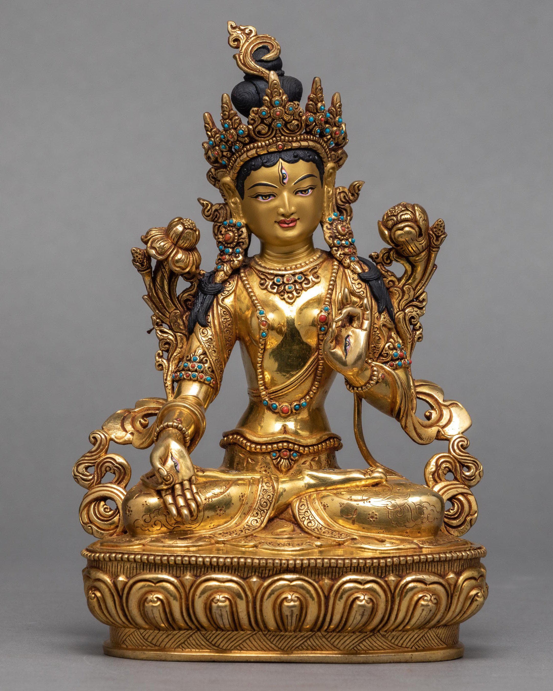 White Tara Statue | 24K Gold Plated Statue | Traditionally Hand Carved